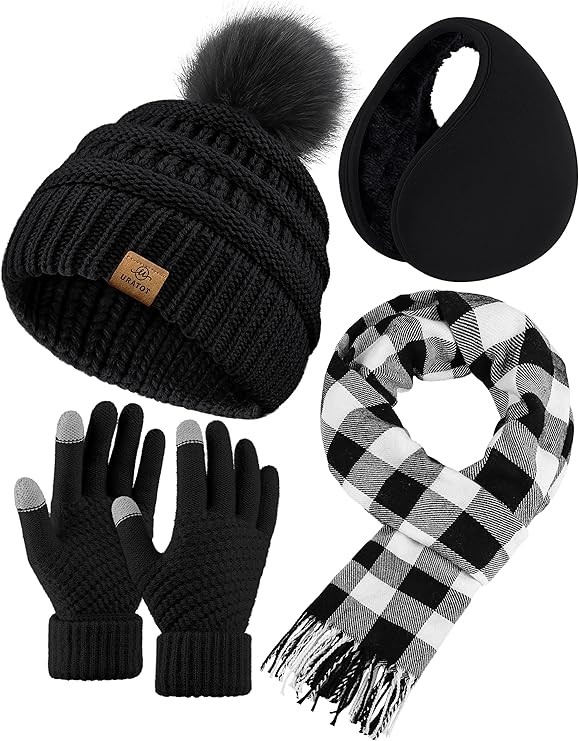 URATOT Beanie Hat Scarf Gloves 4 in 1 Winter Set Knitted Scarf Hat Touch Screen Gloves and Winter Ear Warmer for Unisex